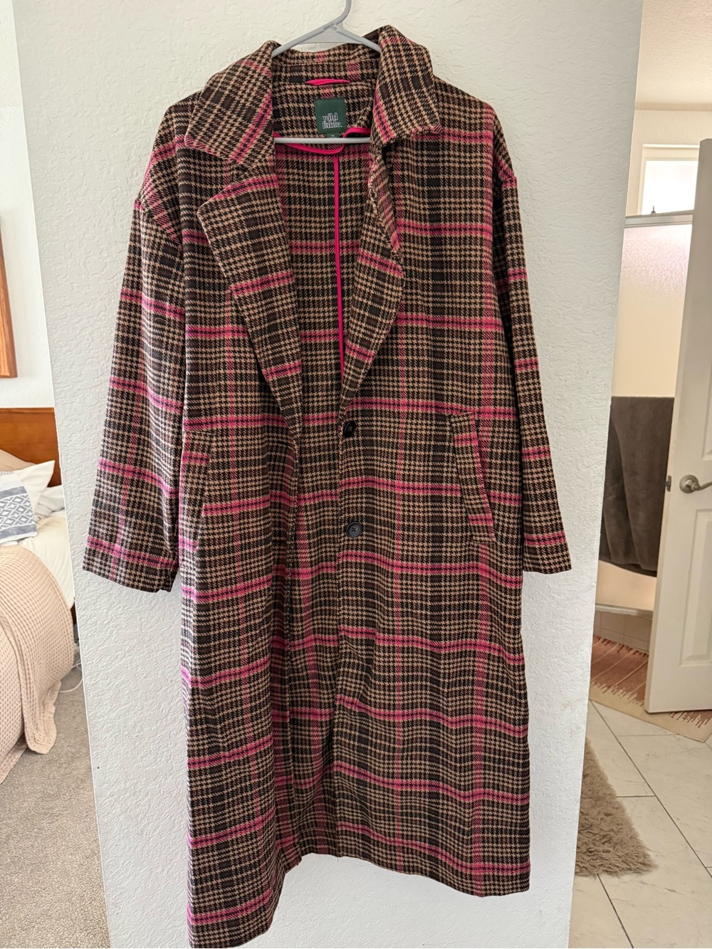 wild fable Brown and Pink Plaid Long Trench Coat